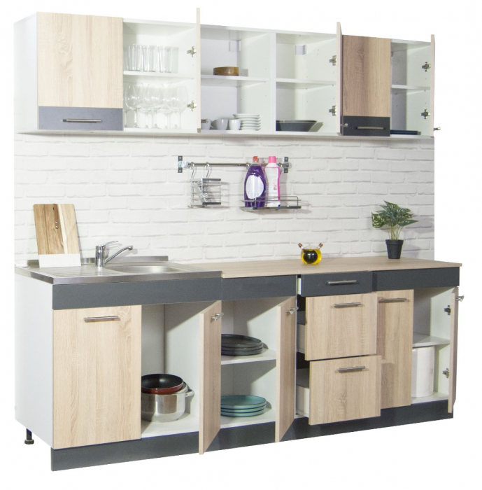 Set bucatarie SARONA 220.01 cm, 6 corpuri, blat PAL, sonoma + antracit [2]