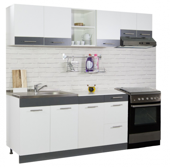 Set bucatarie SARONA 220 cm, 5 corpuri, corp hota, blat PAL, alb + antracit [1]