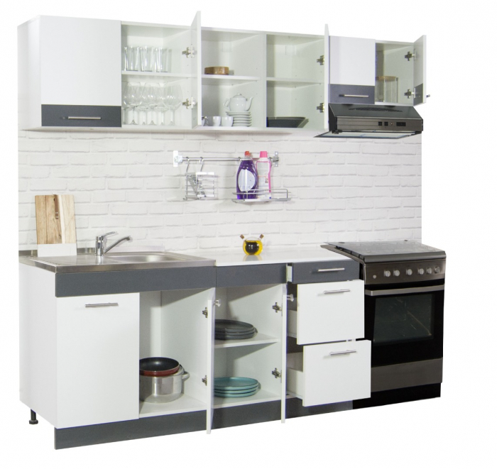 Set bucatarie SARONA 220 cm, 5 corpuri, corp hota, blat PAL, alb + antracit [2]
