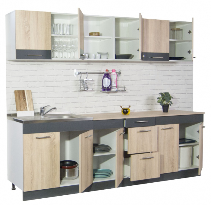 Set bucatarie SARONA 240 cm, 6 corpuri, blat PAL, sonoma + antracit [2]