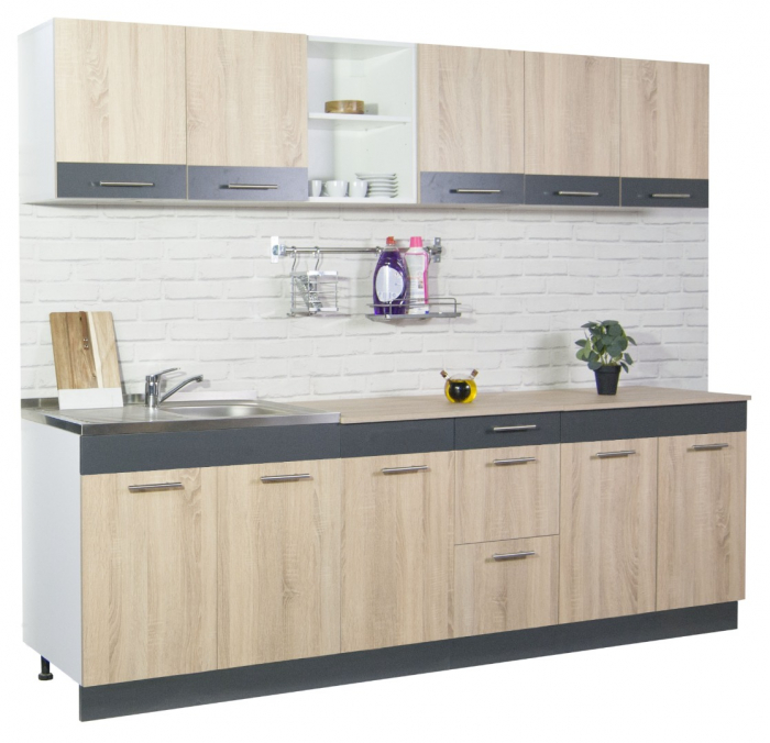Set bucatarie SARONA 240 cm, 6 corpuri, blat PAL, sonoma + antracit [1]