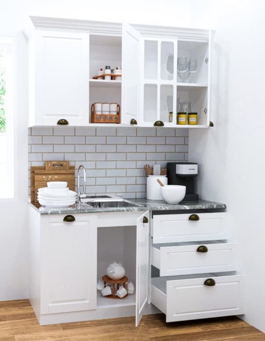 Set bucatarie SQUARE 140.01 cm, 4 corpuri, blat termorezistent, fronturi MDF, alb rustic [2]