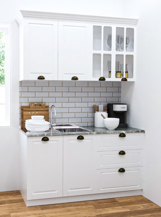 Set bucatarie SQUARE 140.01 cm, 4 corpuri, blat termorezistent, fronturi MDF, alb rustic [1]