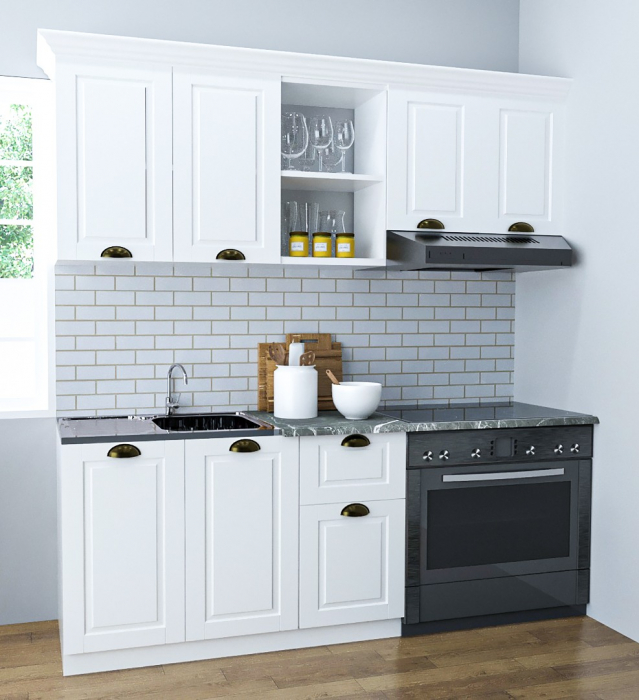 Set bucatarie SQUARE 180 cm, 3 corpuri, blat termorezistent, fronturi MDF, alb rustic [1]