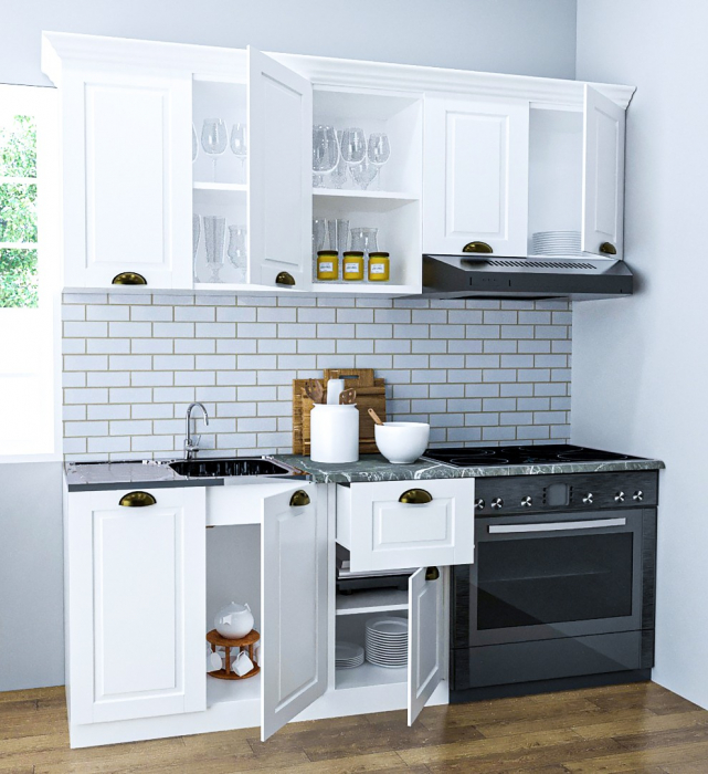 Set bucatarie SQUARE 180 cm, 3 corpuri, blat termorezistent, fronturi MDF, alb rustic [2]
