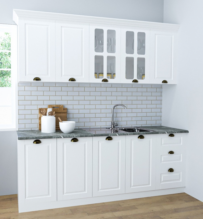 Set bucatarie SQUARE 200 cm, 6 corpuri, blat termorezistent, fronturi MDF, alb rustic [1]