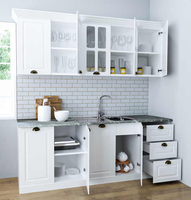 Set bucatarie SQUARE 200 cm, 6 corpuri, blat termorezistent, fronturi MDF, alb rustic [2]