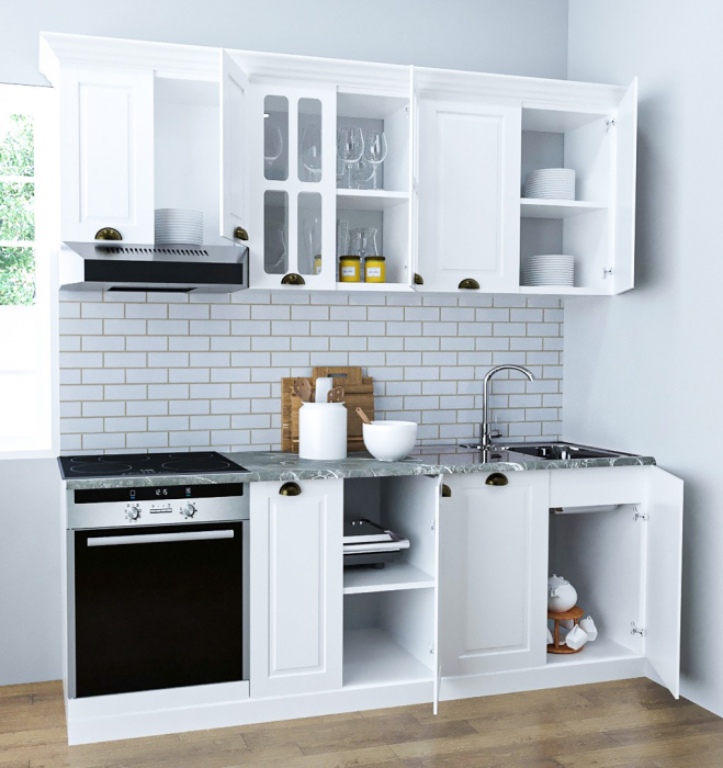 Set bucatarie SQUARE 200 cm, 6 corpuri, corp cuptor, blat termorezistent, fronturi MDF, alb rustic [2]