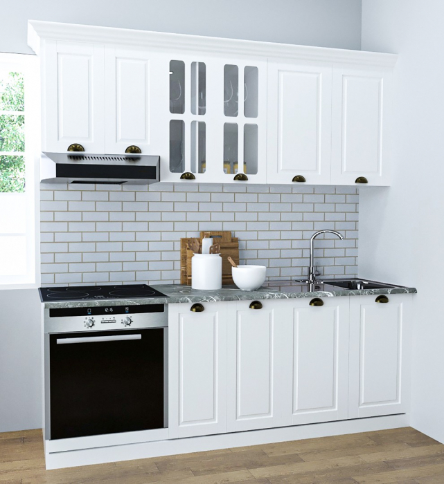 Set bucatarie SQUARE 200 cm, 6 corpuri, corp cuptor, blat termorezistent, fronturi MDF, alb rustic [1]