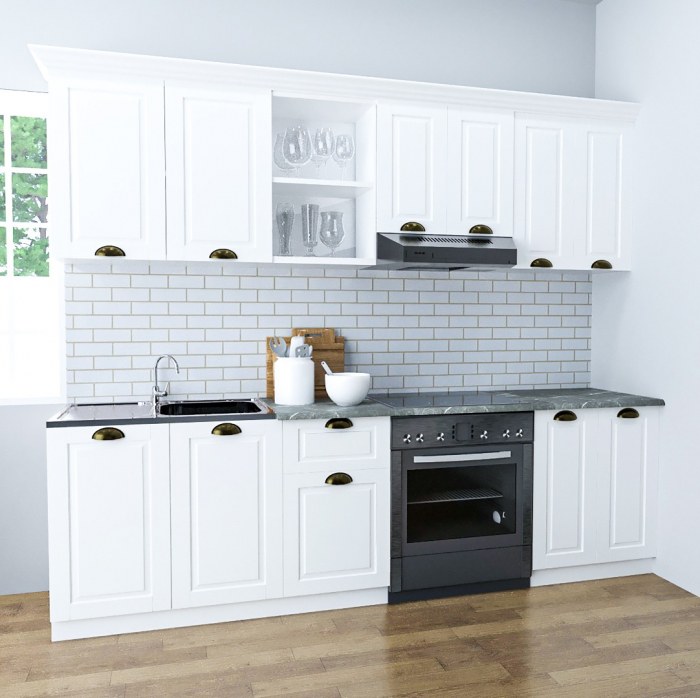 Set bucatarie SQUARE 240 cm, 5 corpuri, blat termorezistent, fronturi MDF, alb rustic [1]