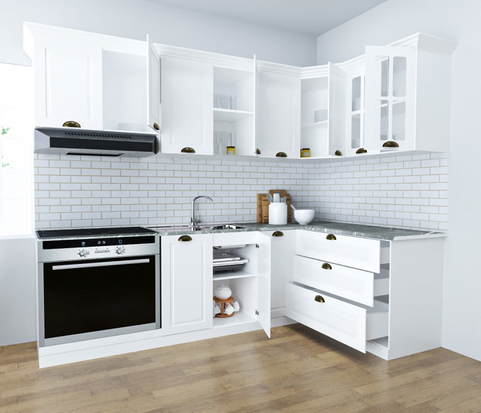 Set bucatarie SQUARE COLT 240x140 cm, 9 corpuri, blat termorezistent, fronturi MDF, alb rustic [2]