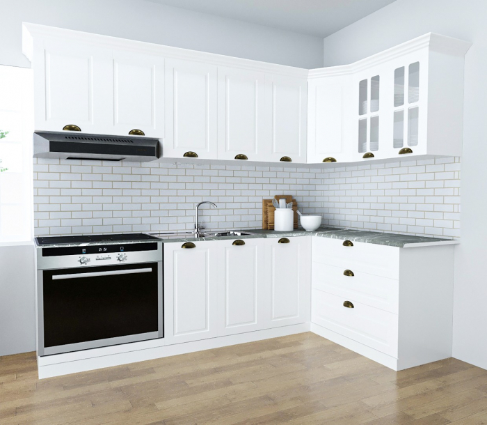 Set bucatarie SQUARE COLT 240x140 cm, 9 corpuri, blat termorezistent, fronturi MDF, alb rustic [1]