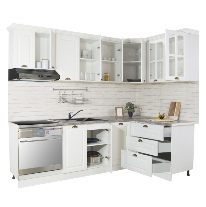 Set bucatarie SQUARE COLT 240x140 cm, 9 corpuri, blat termorezistent, fronturi MDF, alb rustic [5]