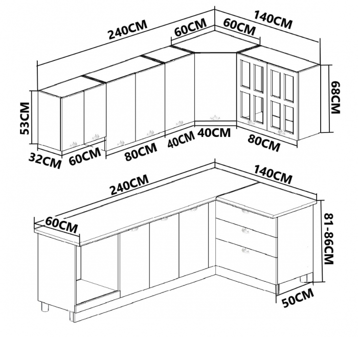 Set bucatarie SQUARE COLT 240x140 cm, 9 corpuri, blat termorezistent, fronturi MDF, alb rustic [3]