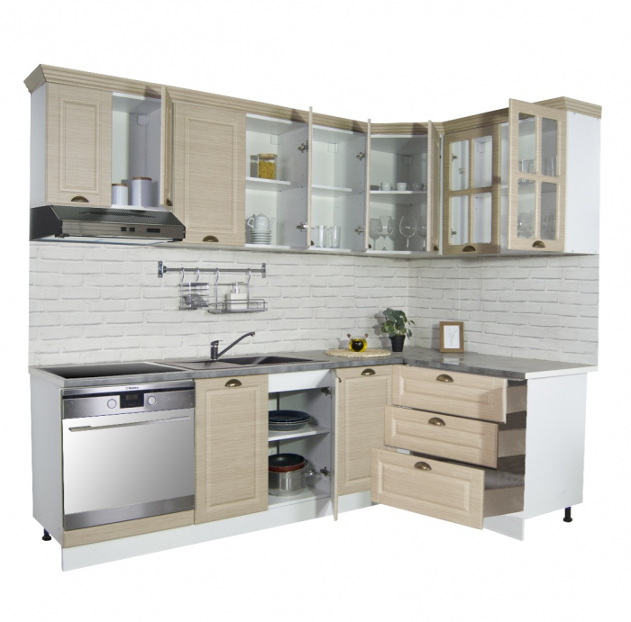 Set bucatarie SQUARE COLT 240x140 cm, 9 corpuri, blat termorezistent, fronturi MDF, fag [2]