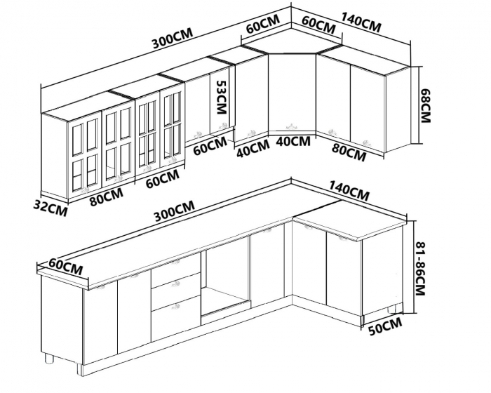 Set bucatarie SQUARE COLT 300x140 cm, 11 corpuri, blat termorezistent, fronturi MDF, alb rustic [3]