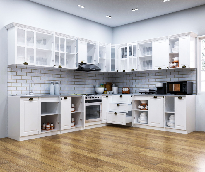Set bucatarie SQUARE COLT 300x250 cm, 15 corpuri, blat termorezistent, fronturi MDF, alb rustic [2]