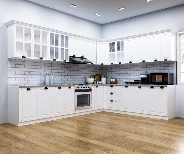 Set bucatarie SQUARE COLT 300x250 cm, 15 corpuri, blat termorezistent, fronturi MDF, alb rustic [1]