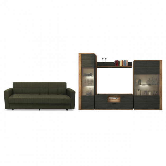 Set canapea MARBELLA extensibila, kaki + Living ADEL, tobacco craft oak + northern tree + sticla