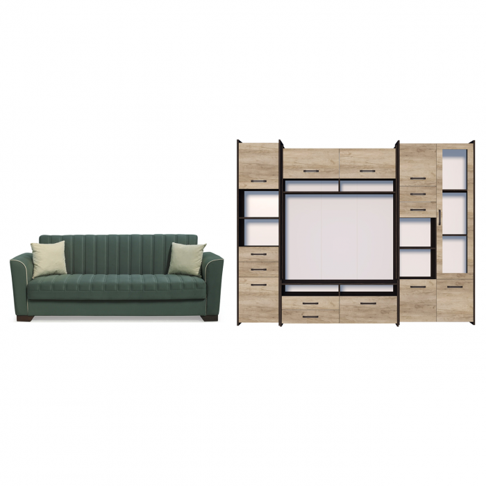 Set Canapea QUEEN extensibila, verde + Living MOKKA II, maro inchis + stejar