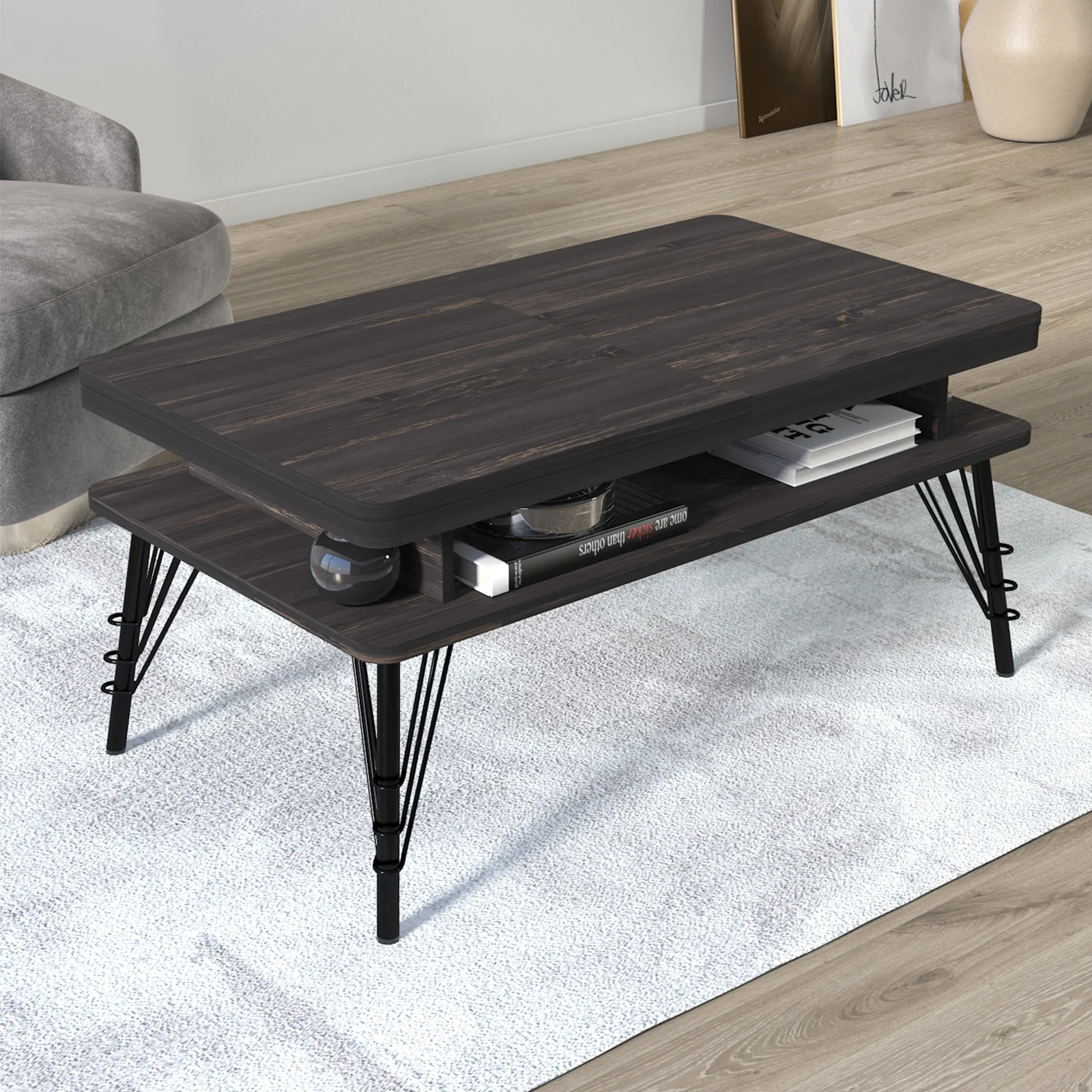 Set Canapea SALLY extensibila, maro + bej si masuta cafea TABLE, wenge [10]
