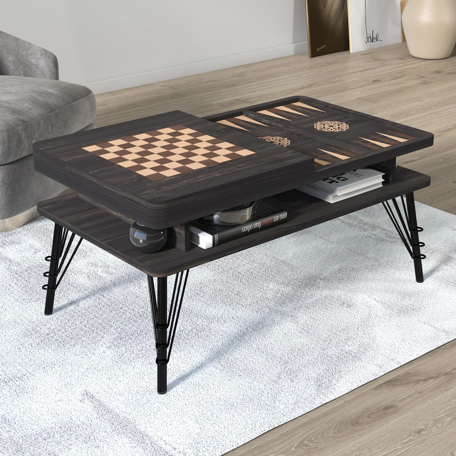 Set Canapea SALLY extensibila, maro + bej si masuta cafea TABLE, wenge [9]
