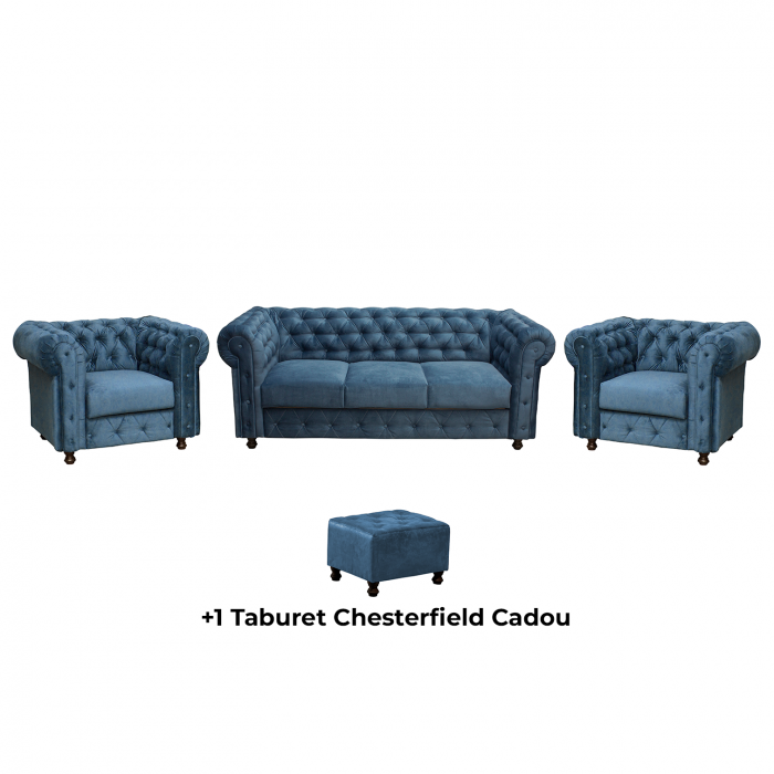 Set CHESTERFIELD 3-1-1, canapea extensibila 3 locuri si 2 fotolii fixe, albastru + 1 Taburet Cadou