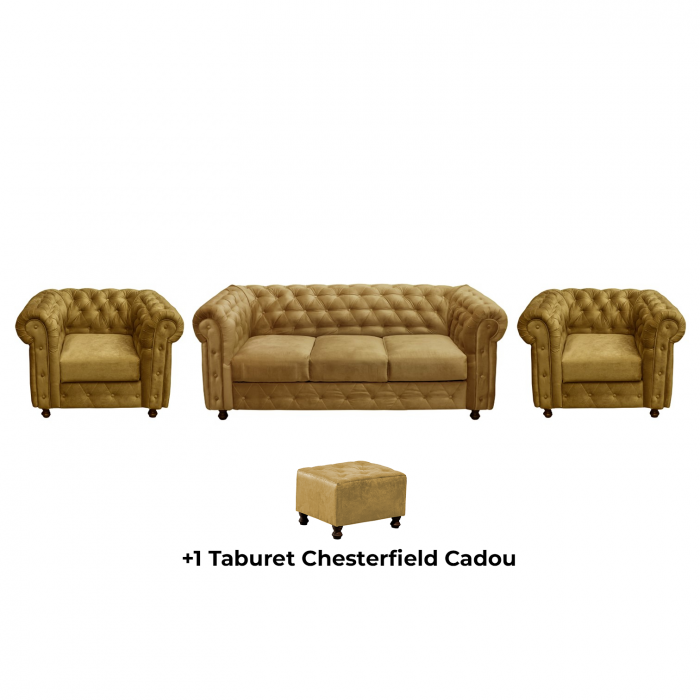 Set CHESTERFIELD 3-1-1, canapea extensibila 3 locuri si 2 fotolii fixe, galben + 1 Taburet Cadou