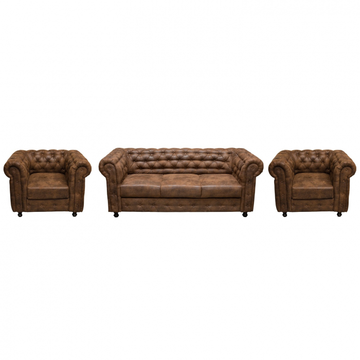 Set CHESTERFIELD 3-1-1, canapea extensibila 3 locuri si 2 fotolii fixe, maro - 1 Taburet Cadou - ExpoMob [3]