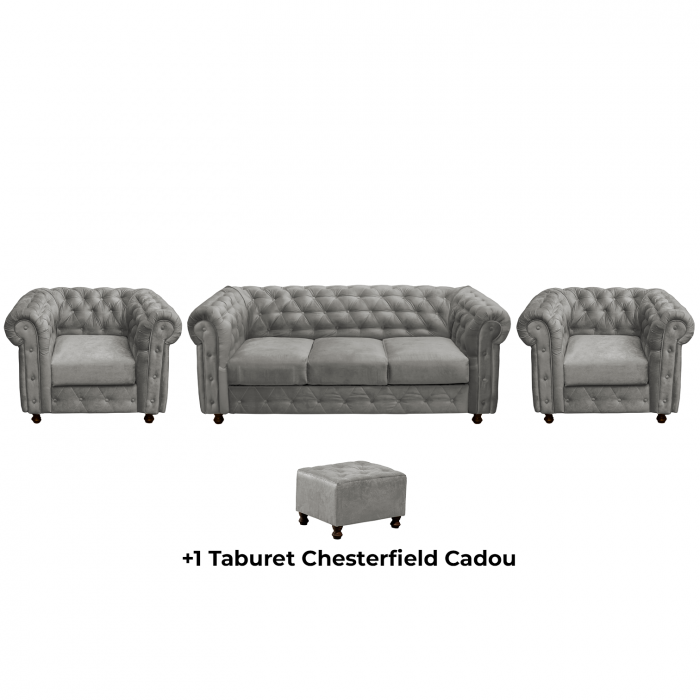 Set CHESTERFIELD 3-1-1, canapea extensibila 3 locuri si 2 fotolii fixe, gri deschis + 1 Taburet Cadou