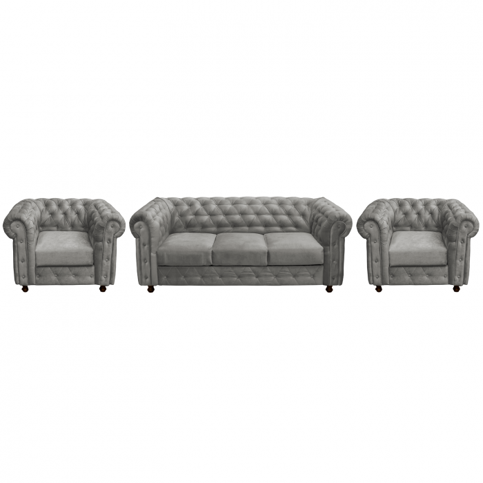Set CHESTERFIELD 3-1-1, canapea extensibila 3 locuri si 2 fotolii fixe, gri deschis + 1 Taburet Cadou - ExpoMob [3]