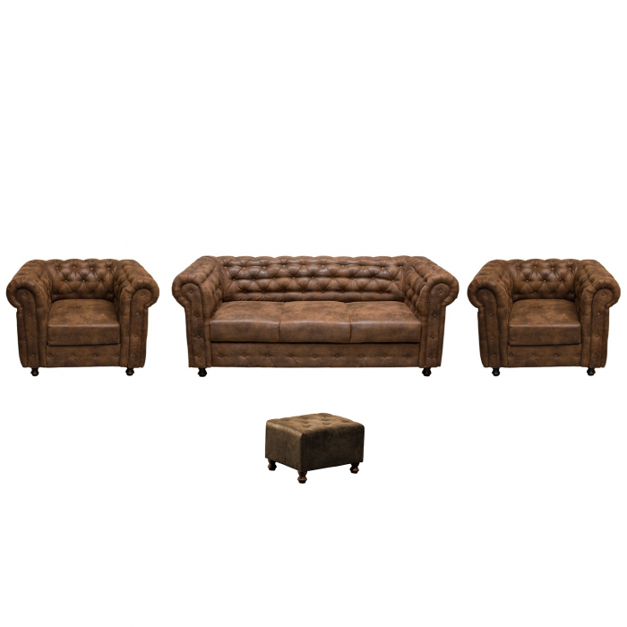 Set CHESTERFIELD 3-1-1, canapea extensibila 3 locuri si 2 fotolii fixe, maro - 1 Taburet Cadou