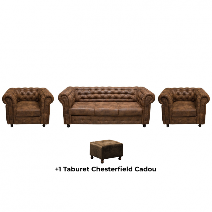 Set CHESTERFIELD 3-1-1, canapea extensibila 3 locuri si 2 fotolii fixe, maro - 1 Taburet Cadou