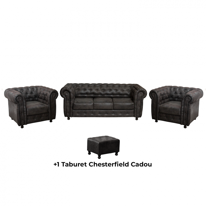 Set CHESTERFIELD 3-1-1, canapea extensibila 3 locuri si 2 fotolii fixe, negru + 1 Taburet Cadou