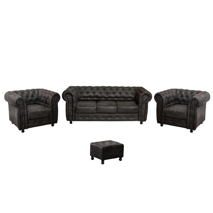 Set CHESTERFIELD 3-1-1, canapea extensibila 3 locuri si 2 fotolii fixe, negru + 1 Taburet Cadou