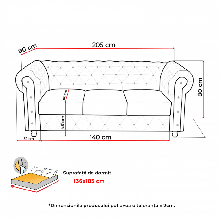 Set Canapea Extensibila 3 Locuri si 2 Fotolii Fixe Chesterfield, negru - ExpoMob [7]