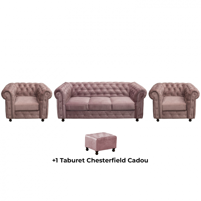 Set CHESTERFIELD 3-1-1, canapea extensibila 3 locuri si 2 fotolii fixe, roz prafuit + 1 Taburet Cadou