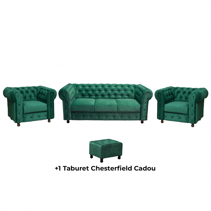 Set CHESTERFIELD 3-1-1, canapea extensibila 3 locuri si 2 fotolii fixe, verde + 1 Taburet Cadou