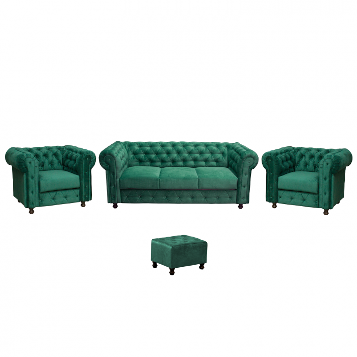 Set CHESTERFIELD 3-1-1, canapea extensibila 3 locuri si 2 fotolii fixe, verde + 1 Taburet Cadou