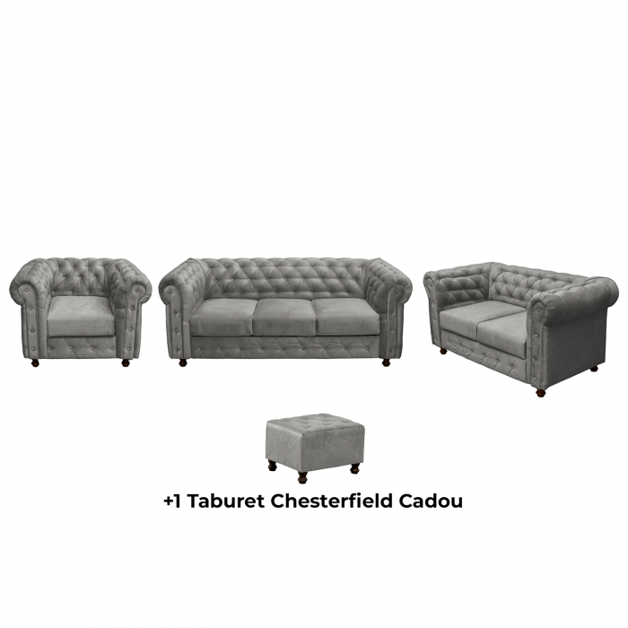 Set CHESTERFIELD 3-2-1, canapea extensibila 3 locuri, canapea fixa 2 locuri si fotoliu fix, gri deschis + 1 Taburet Cadou