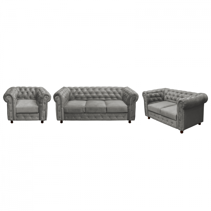 Set CHESTERFIELD 3-2-1, canapea extensibila 3 locuri, canapea fixa 2 locuri si fotoliu fix, gri deschis + 1 Taburet Cadou - ExpoMob [3]