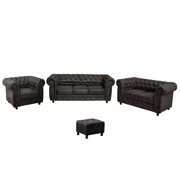 Set CHESTERFIELD 3-2-1, canapea extensibila 3 locuri, canapea fixa 2 locuri si fotoliu fix, negru + 1 Taburet Cadou