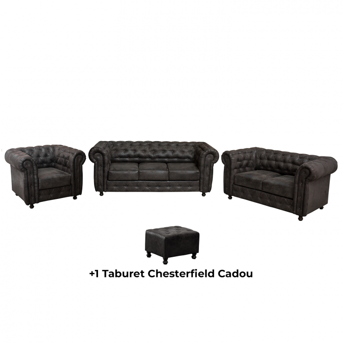 Set CHESTERFIELD 3-2-1, canapea extensibila 3 locuri, canapea fixa 2 locuri si fotoliu fix, negru + 1 Taburet Cadou