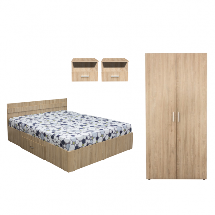 Set dormitor ALMA, 4 piese, pat 140x200 cm, dulap 2 usi, 2 noptiere, sonoma