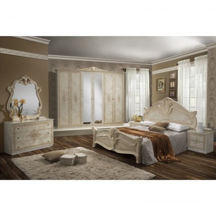 Set Dormitor AMALFI, 5 piese, dulap 6 usi cu oglinda, pat 160x200, comoda si oglinda, alb, 160x200