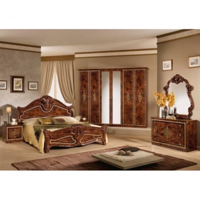 Set Dormitor AMALFI, 5 piese, Dulap 6 usi cu oglinda, Pat 160x200, comoda si oglinda, nuc, 160x200