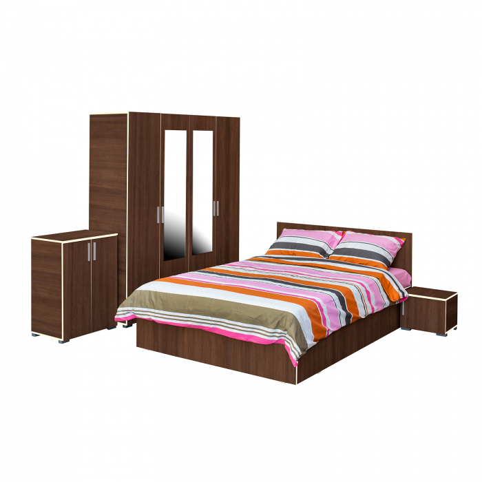Set dormitor CORINNE, 5 piese, pat 160x200 cm, dulap 4 usi, 2 noptiere, comoda, nuc, cant vanilie