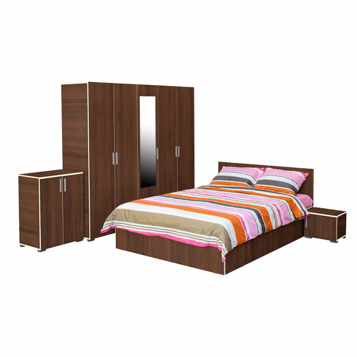 Set dormitor CORINNE, 5 piese, pat 160x200 cm, dulap 5 usi, 2 noptiere, comoda, maro, cant vanilie