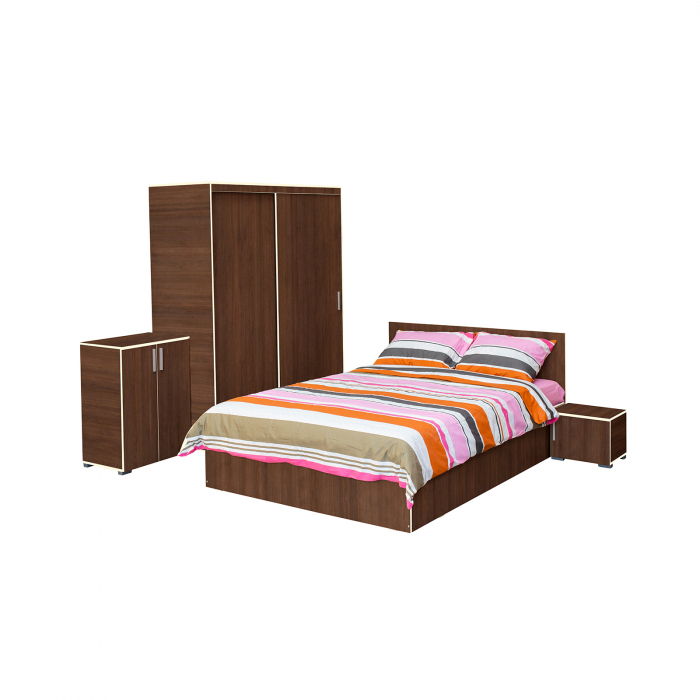 Set dormitor CORINNE, 5 piese, pat 160x200 cm, dulap usi glisante, 2 noptiere, comoda, nuc, cant vanilie