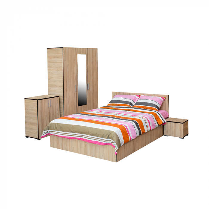 Poza Set dormitor CORINNE, 5 piese, pat 160x200 cm, dulap 3 usi, 2 noptiere, comoda, sonoma deschis, cant sonoma inchis